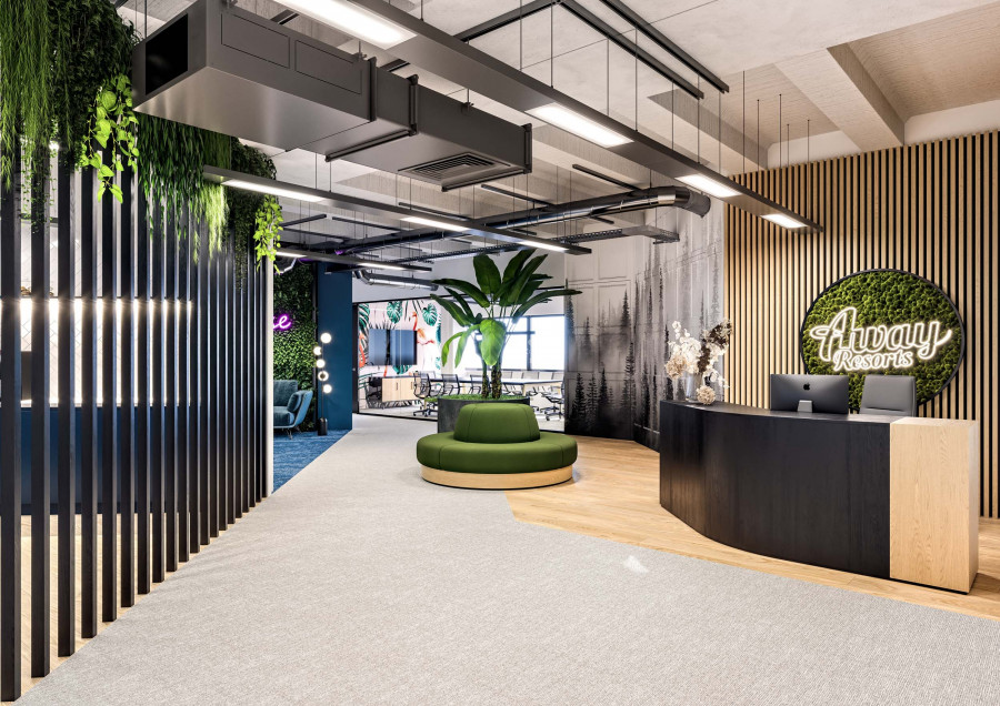 3D visualization of a Cat B fit out reception area with greenery, feature wall design, and modern office branding.