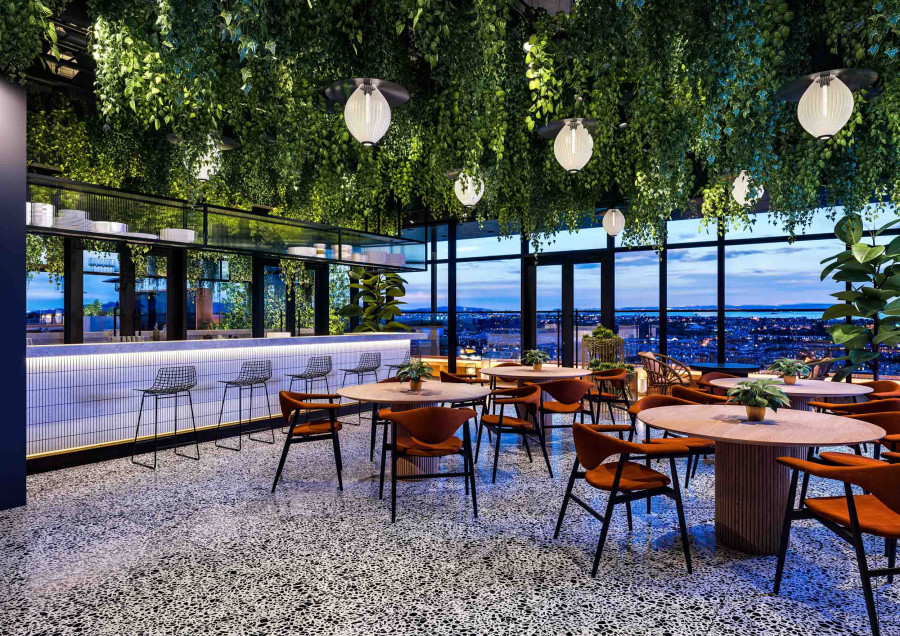 CGI of an indoor dining space featuring extensive hanging greenery, terrazzo flooring, and a backlit bar overlooking the city.