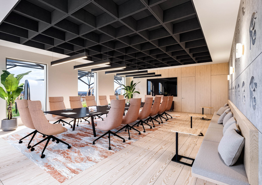 Visualization of a conference room featuring a long meeting table, upholstered chairs, grid acoustic ceiling, and exterior views.
