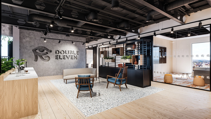 Visualization of a lounge space with the Double Eleven logo wall, timber flooring, lounge seating, and shelving with integrated planting.