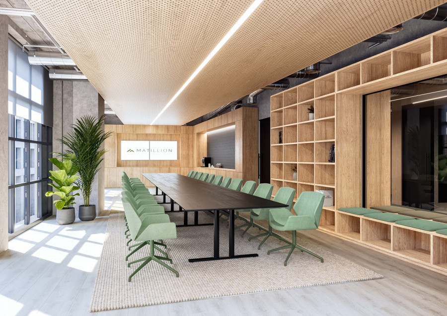 3D render of meeting space with wooden finishes, greenery, and natural lighting.