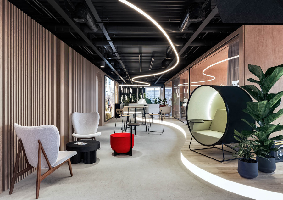 CGI of a workplace lounge with modern armchairs, curved LED floor lighting, and timber wall panelling.