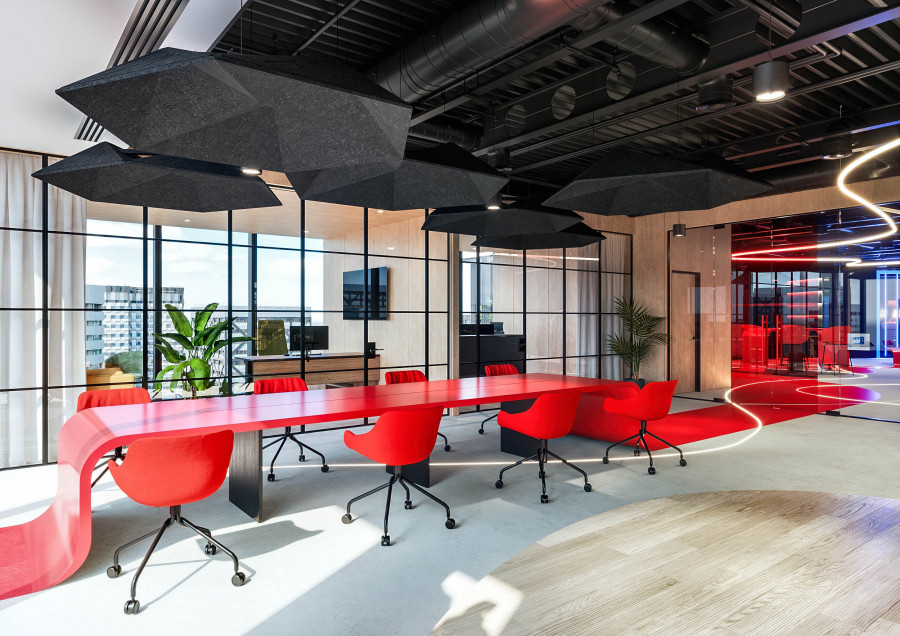 Visualization of a meeting zone featuring a long red sculptural table, red task chairs, and geometric acoustic ceiling panels.