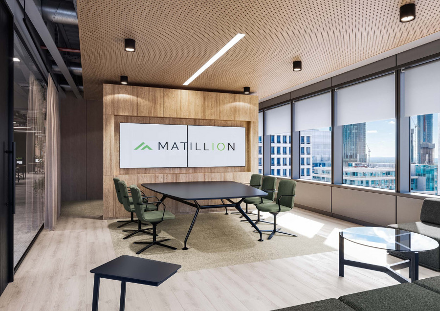 3D render of a meeting lounge with warm wood tones and panoramic windows.