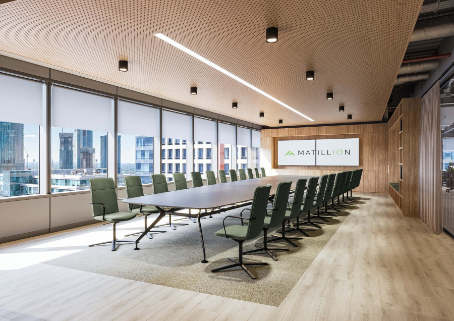 3D visualization of a conference room with city view and large display screen showing Matillion logo.