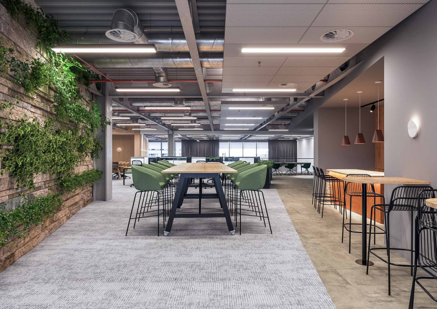 3D visualization of cafeteria space with green wall and modern seating layout.