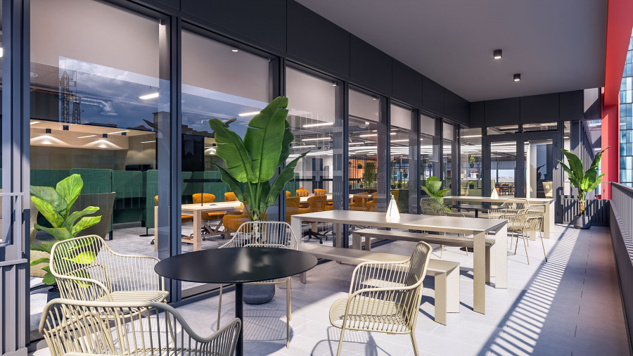 3D visualization of terrace seating area with plants and glass façade at Matillion Manchester.