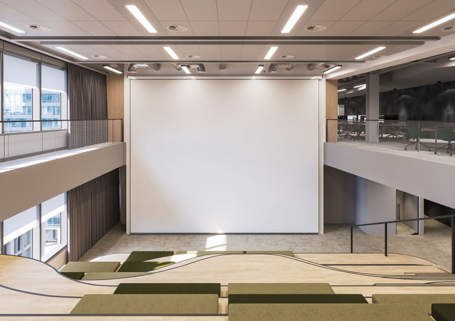 3D visualization of presentation area with Matillion logo displayed on large screen.