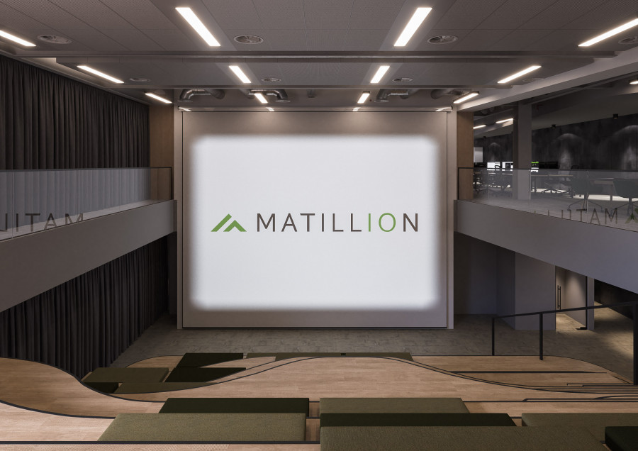 3D render of multipurpose office space with projection screen and tiered flooring.