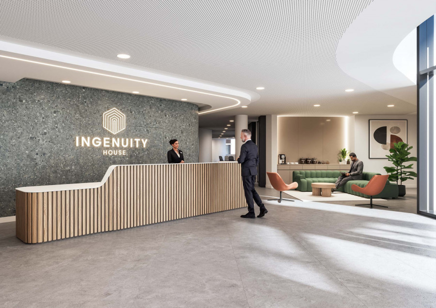 3D worksace visualization by Visioaxis of Orega Ingenuity House reception designed by Oktra