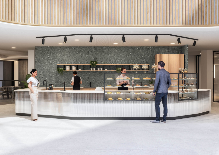 3D worksace visualization by Visioaxis of Orega Ingenuity House cafeteria designed by Oktra