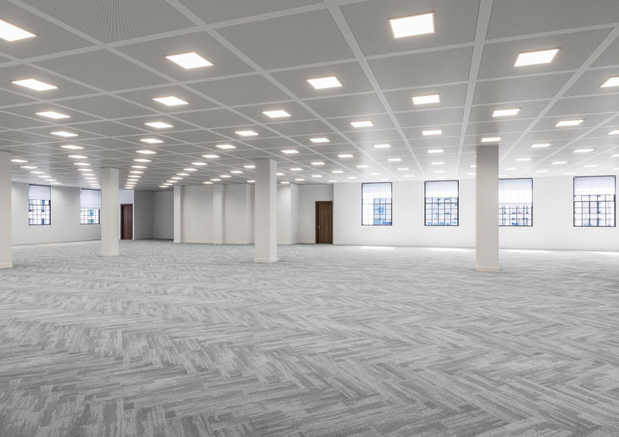 Open space — 3D visualization of the unfurnished workspace showing scale, symmetry, and natural illumination across the floor plan.