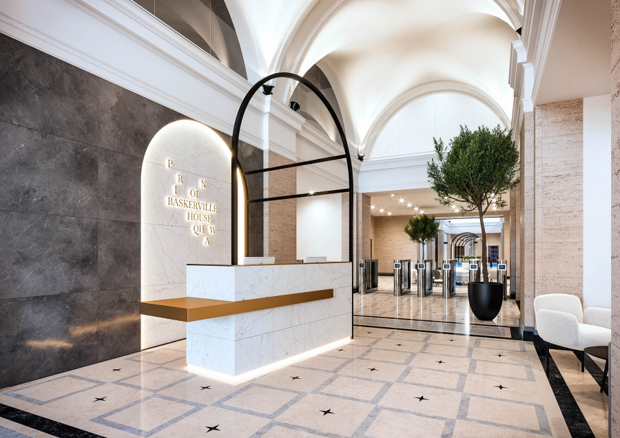 3D visualization of the Federated Hermes reception at Baskerville House, highlighting neoclassical arches, soft lighting, and a balance between heritage and modern design.