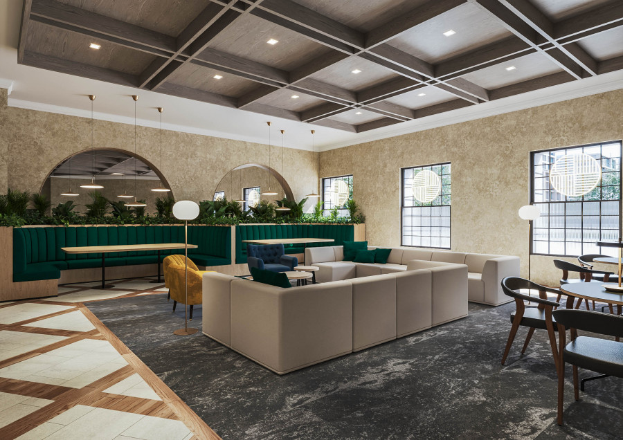 Lounge area — CGI of a relaxed social zone with layered textures, modern furniture, and natural light accentuating the restored architectural features.