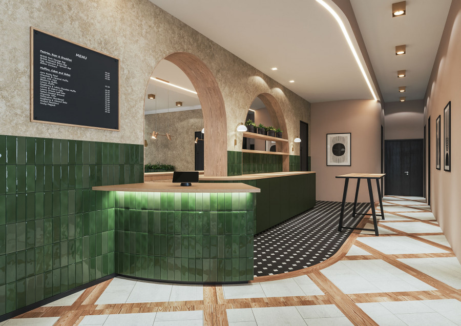 3D render of the green tiled counter and bar seating in the Federated Hermes teapoint interior design concept