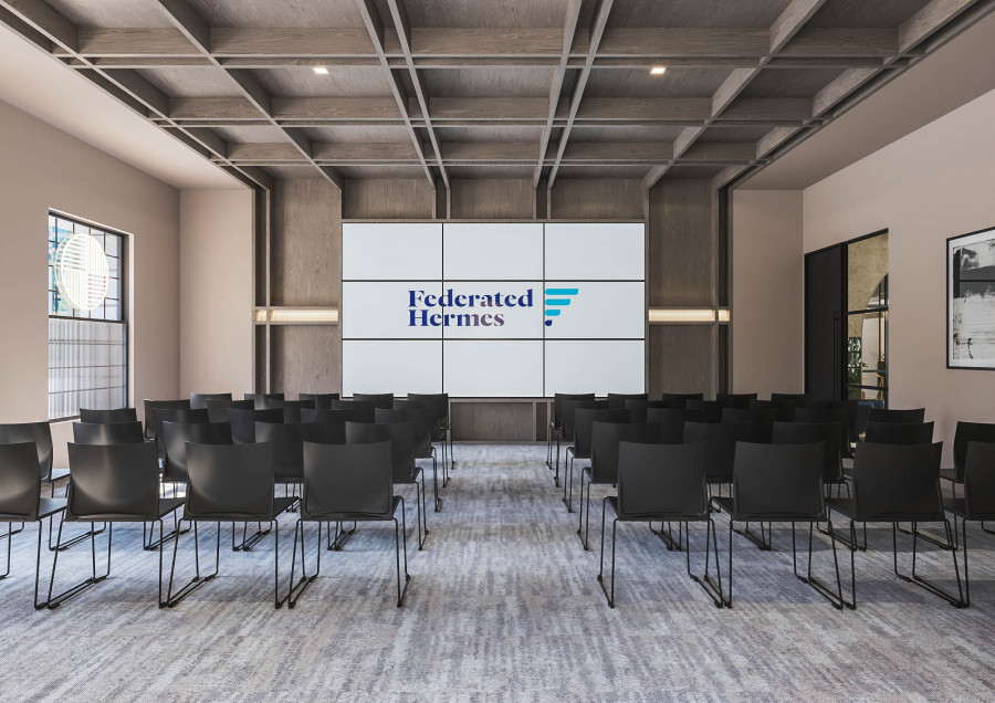 Auditorium — CGI of the presentation room featuring a minimalist setup, contemporary lighting, and a neutral palette supporting flexible corporate use.