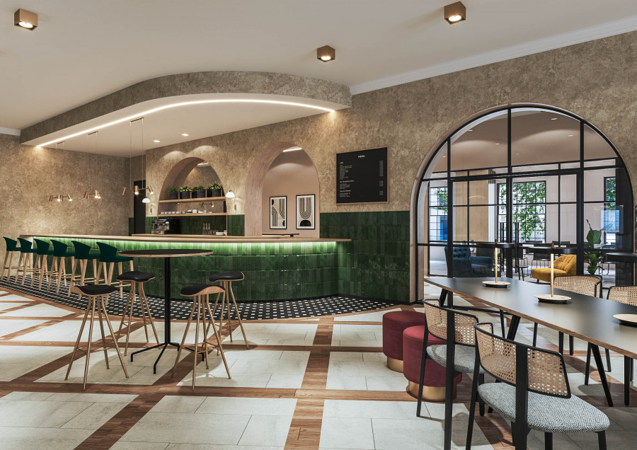 Visualization of the workspace café featuring deep green tiles, warm lighting, and a blend of modern furniture with traditional architecture