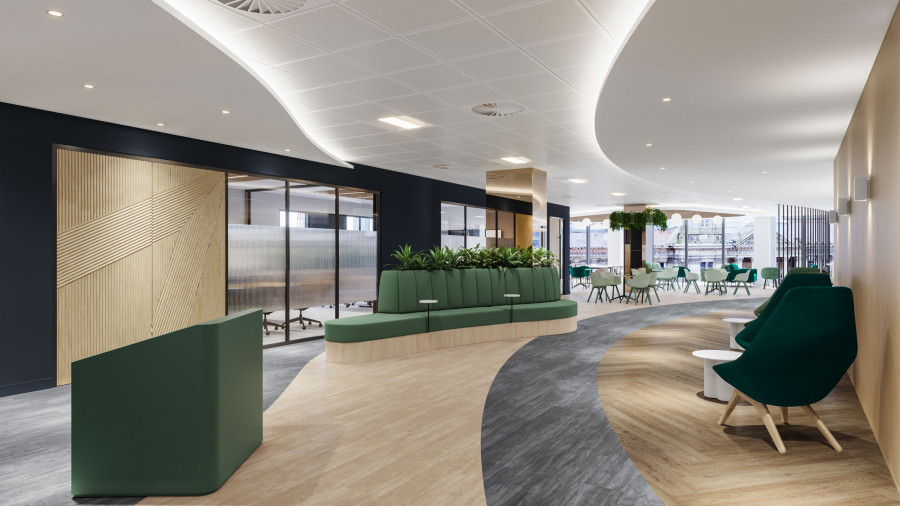 3D interior rendering of a commercial reception space. The visual communicates spatial flow by accurately depicting the transition between wood herringbone and carpet flooring.