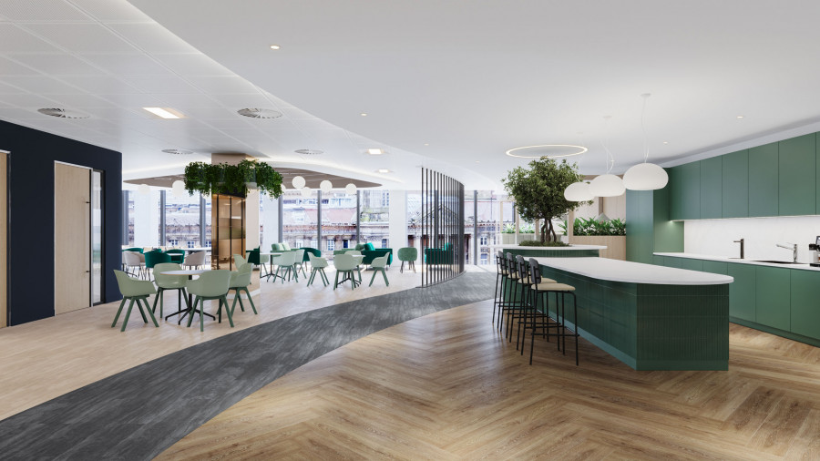 Architectural CGI showing an open-plan office layout. Focuses on the distribution of natural light across the central tea point and adjacent seating areas.