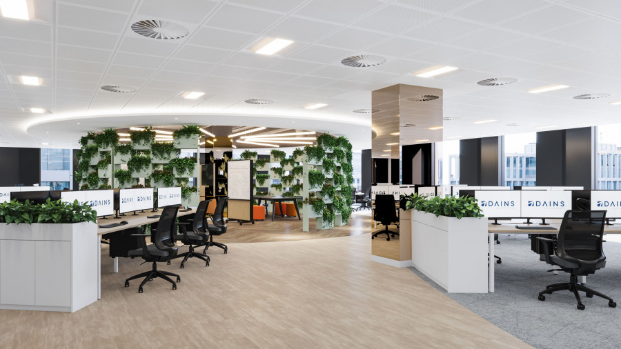 Office interior rendering showing open workstations separated by plant-filled dividers. Highlights the accurate calculation of ambient lighting throughout the floor plan.