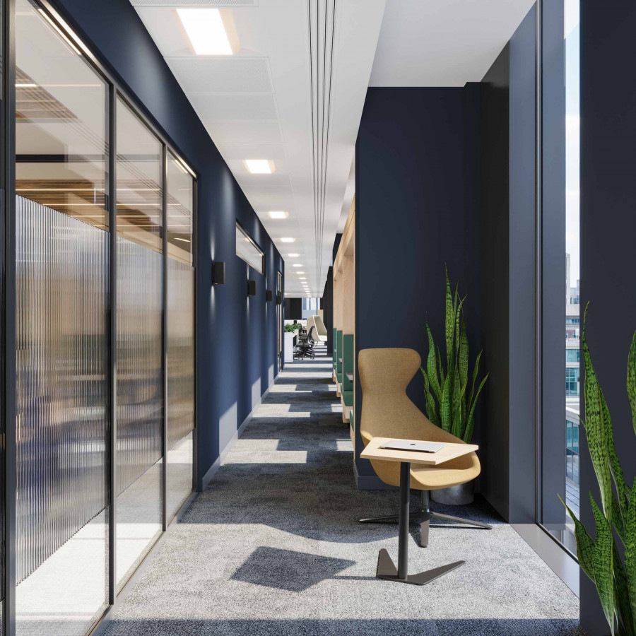 Commercial CGI of an office corridor. Demonstrates the rendering of light passing realistically through textured glass partitions.