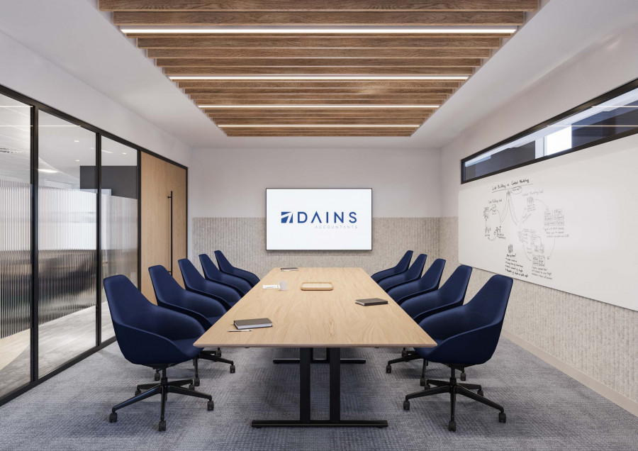 3D spatial visualization of a corporate boardroom. Accurately renders acoustic ceiling baffles and lighting placement over a central wooden meeting table.