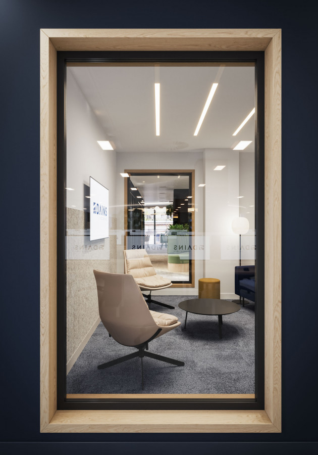 Interior visualization looking through a framed doorway into a quiet room, highlighting spatial depth and realistic interior lighting conditions.