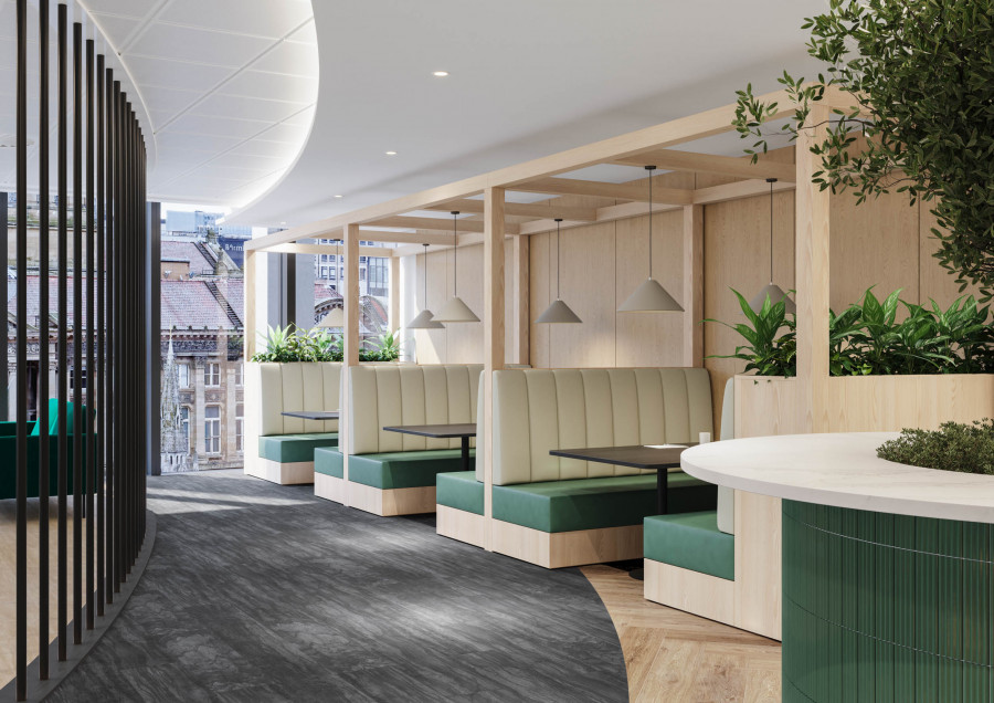 CGI of built-in office seating booths. Demonstrates the true scale of the custom joinery and the realistic rendering of the upholstery materials under ambient light.