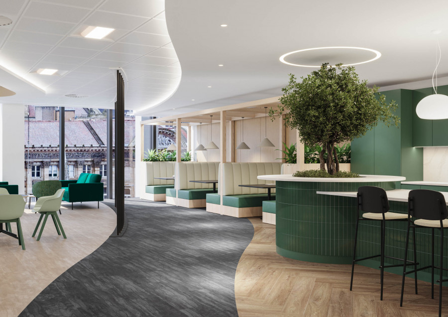 Commercial interior rendering depicting the movement from a breakout space into built-in seating. Focuses on realistic lighting behavior across different wood and fabric textures.