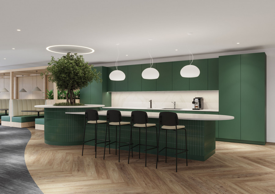 3D visualization of a custom workspace kitchen island. Highlights material accuracy in the ribbed green cabinetry and the balance of artificial pendant lighting.