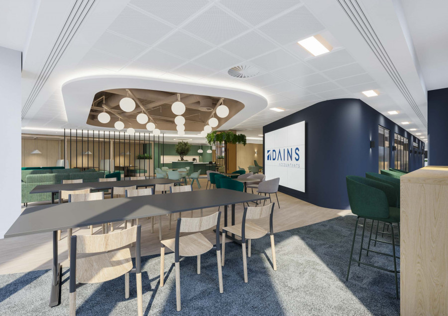3D visualization of a flexible presentation space. Accurately portrays the intended mood created by overhead globe lighting and soft seating arrangements.