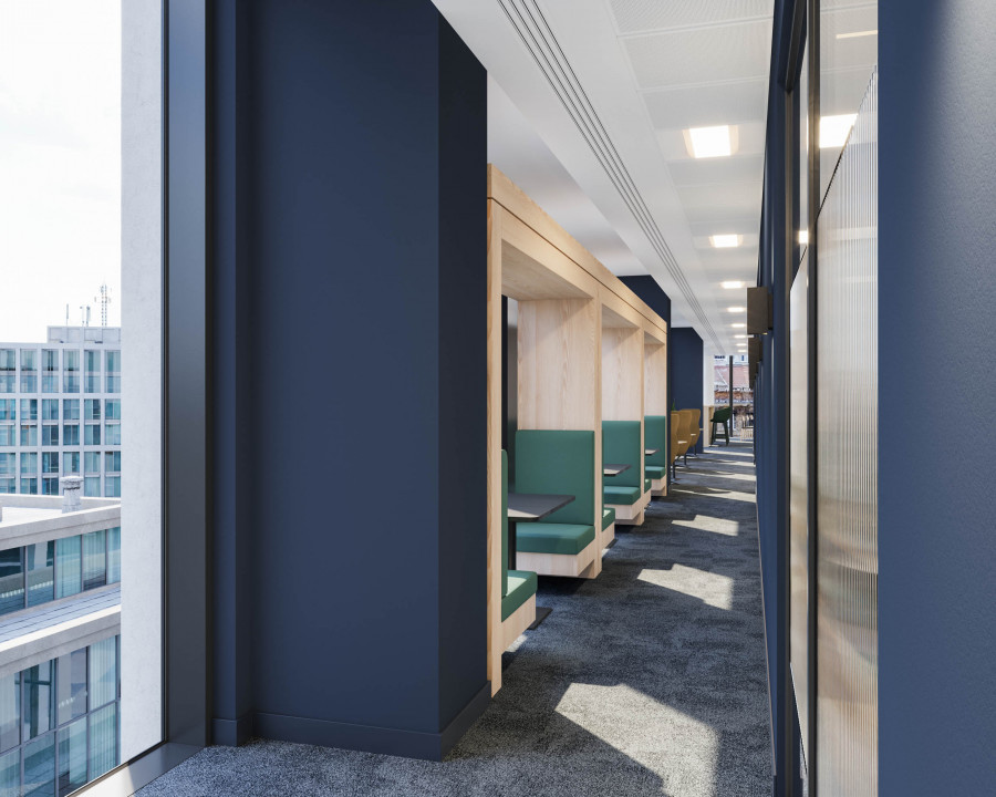 3D rendering of a perimeter office passage. Focuses on directional sunlight and precise drop shadows falling across built-in wooden window booths.