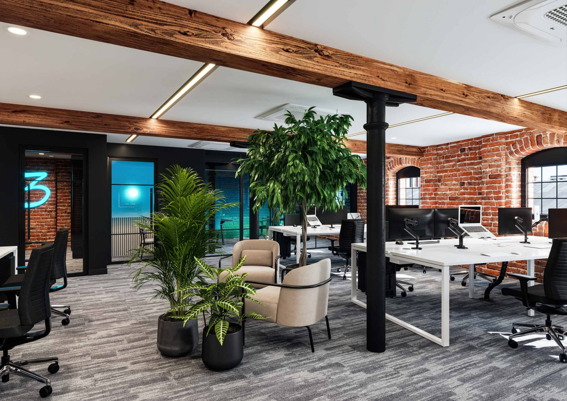 Modern office workspace interior with planting, exposed brick and flexible desk layout