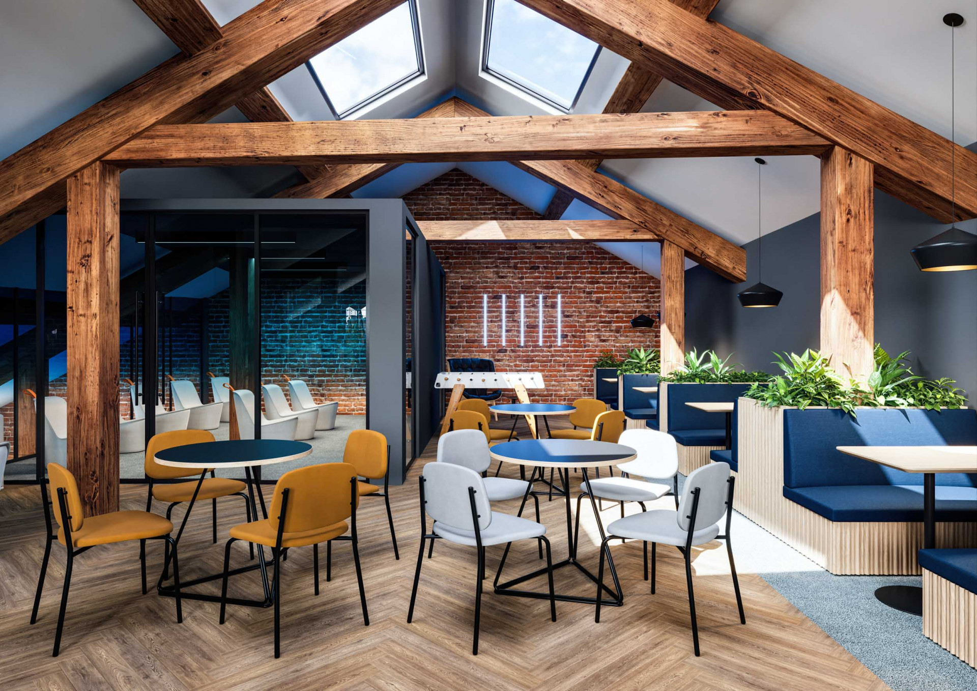 Office breakout area with lounge seating, timber beams and informal collaboration space