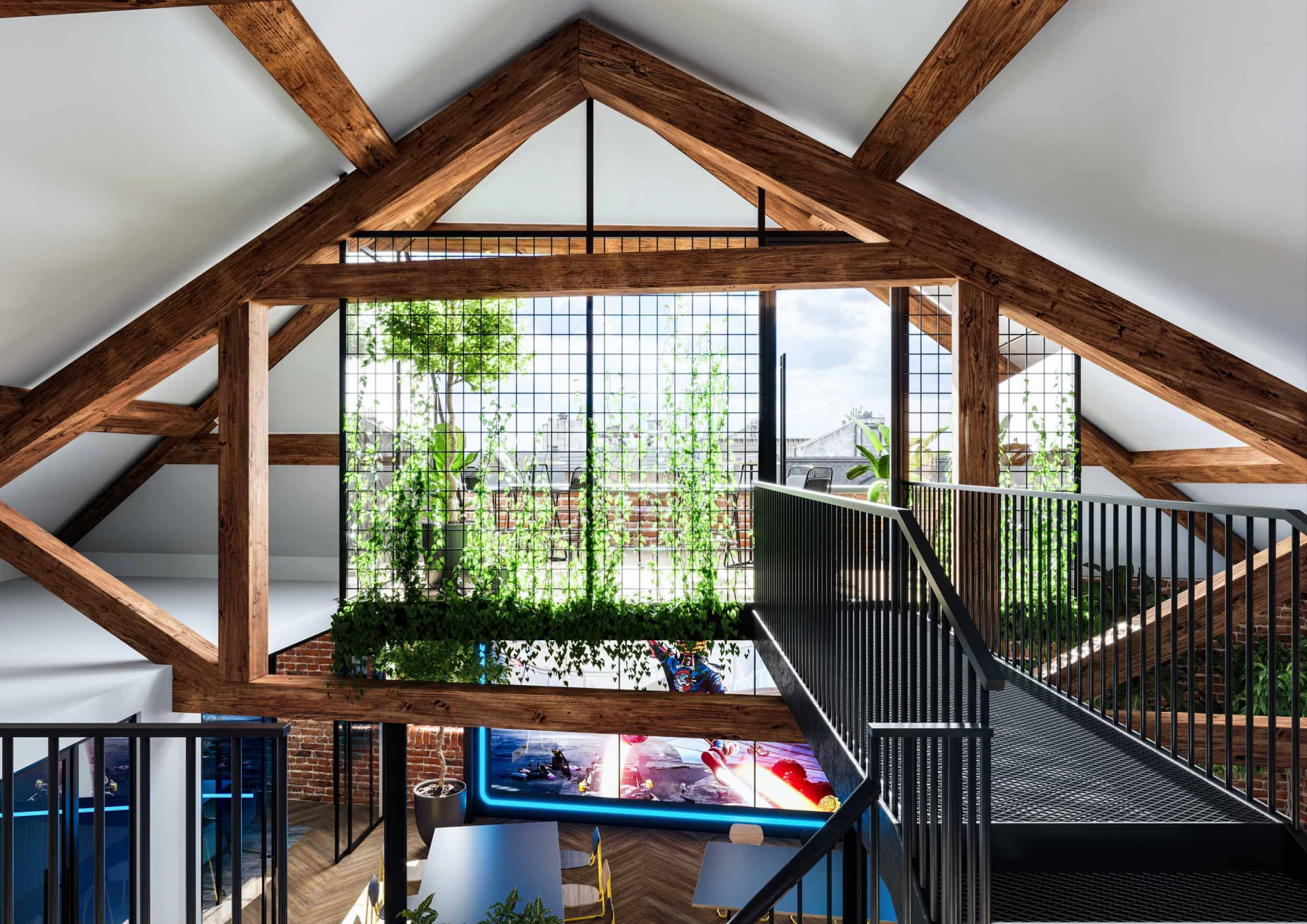 Mezzanine office interior with timber structure, greenery and open workspace connection