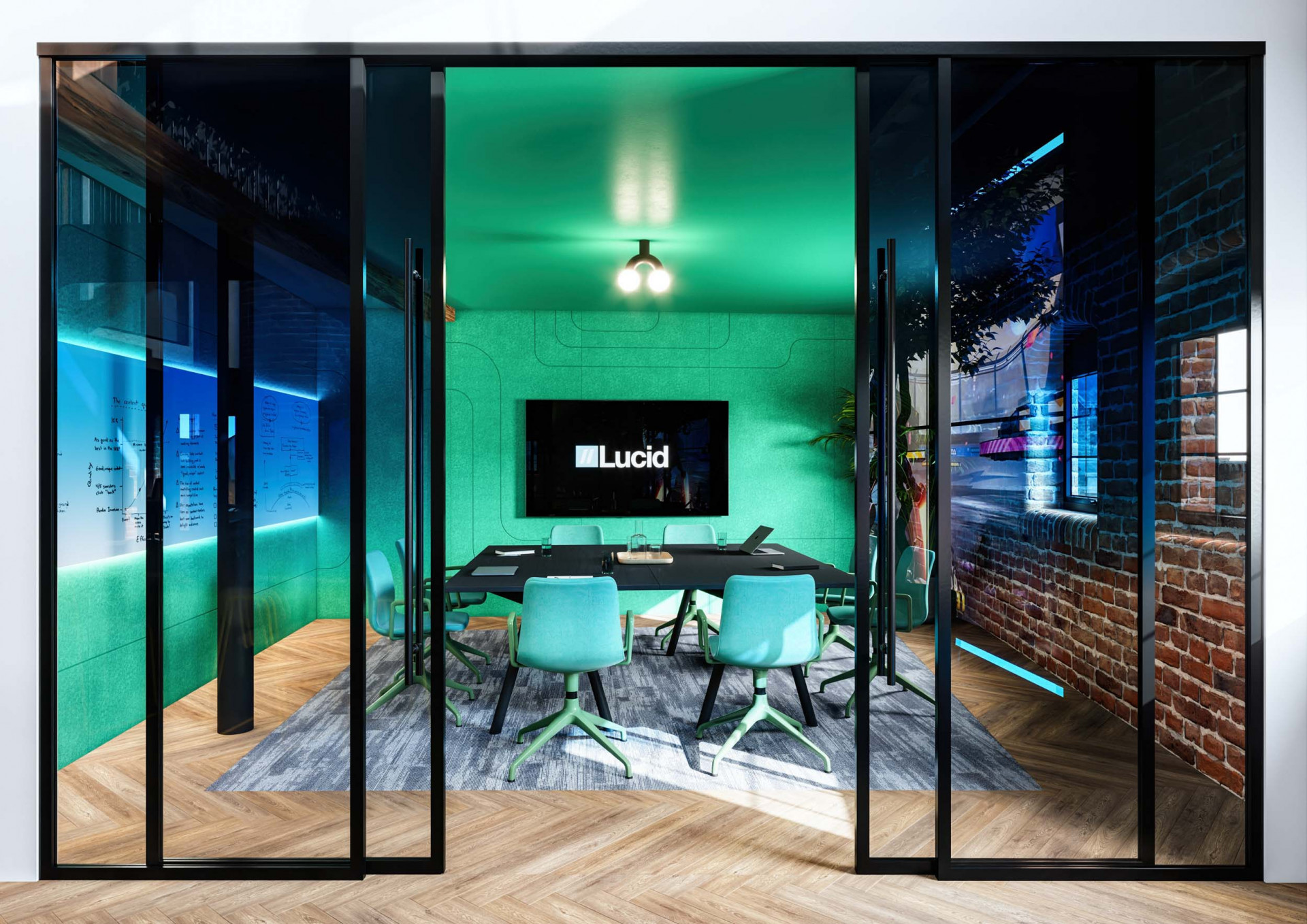 Conference room visualization with glass walls, branded screen and workspace interior design