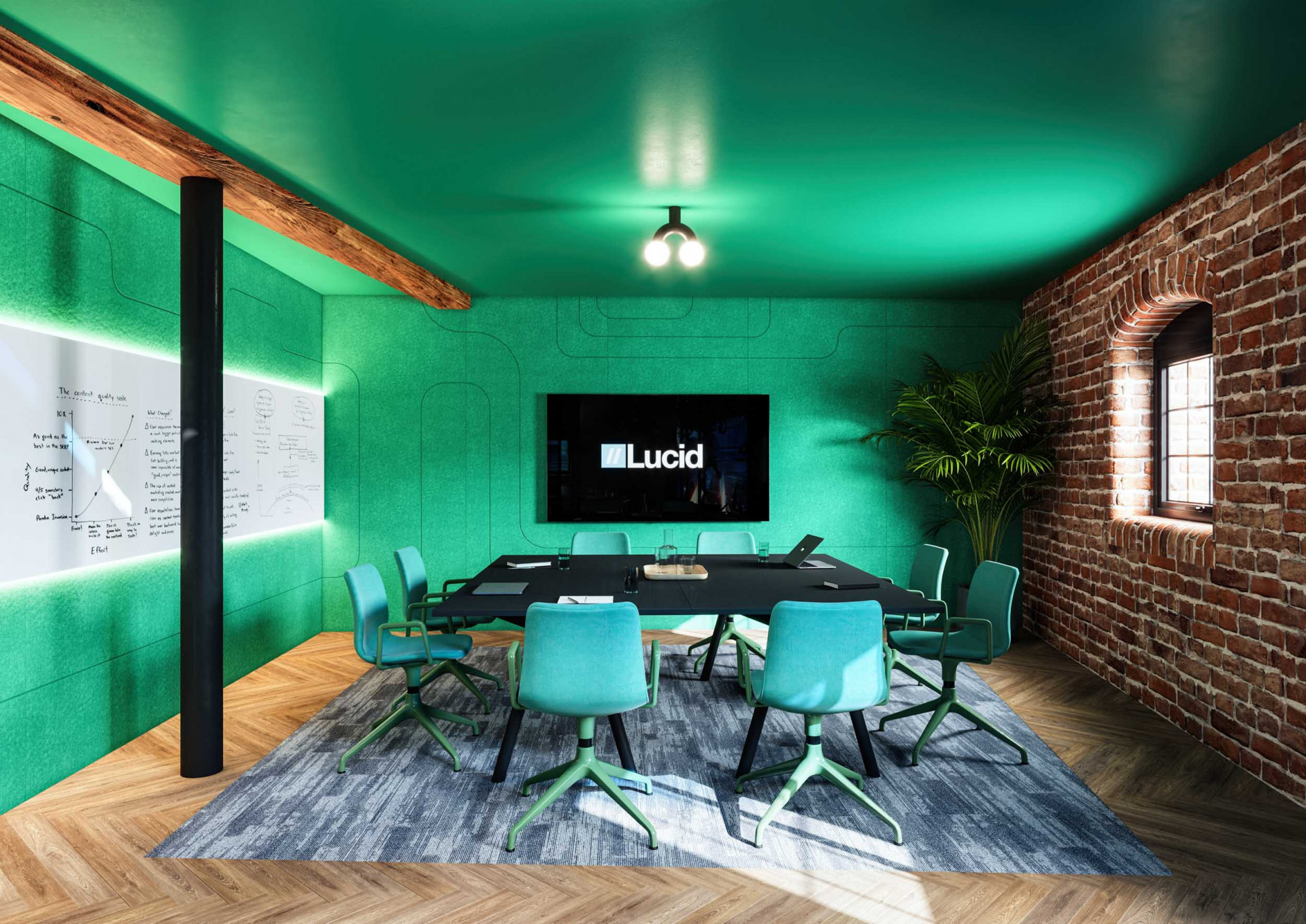 Meeting room interior CGI with green colour scheme, glass partitions and presentation screen