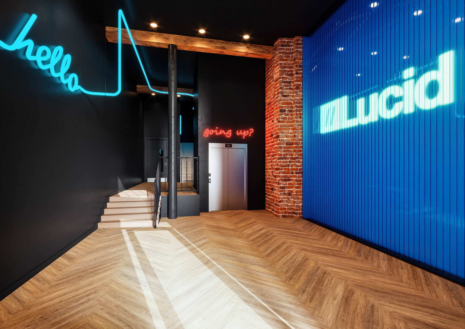 Game studio office entrance with neon signage, branded wall and industrial interior design