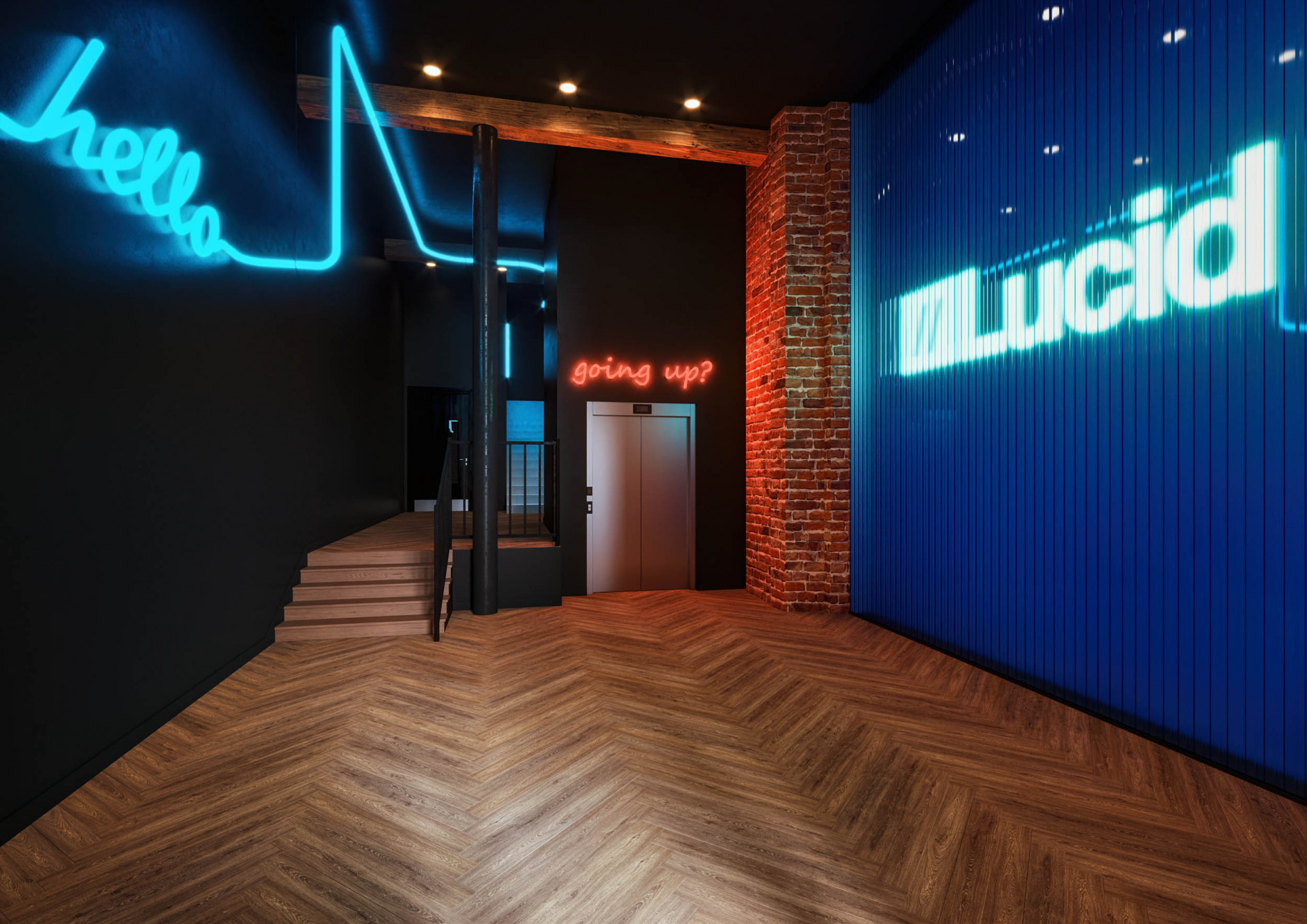Office corridor interior CGI with neon lighting, branded elements and herringbone flooring