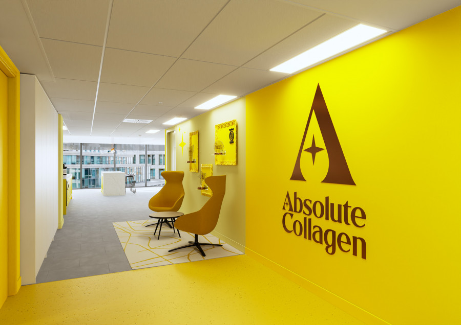 3D visualization of office corridor with bold yellow branding wall and seating niches, illustrating workplace identity in interior design CGI.