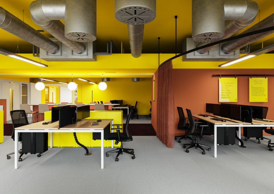 3D visualization of open-plan office workspace with exposed HVAC ceiling, bold yellow and terracotta zoning, and bench desks, highlighting modern workplace design in interior CGI