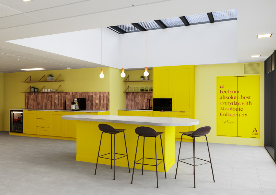 Architectural CGI of modern office kitchen with central island, pendant lighting, and vibrant colour scheme for workplace social spaces.