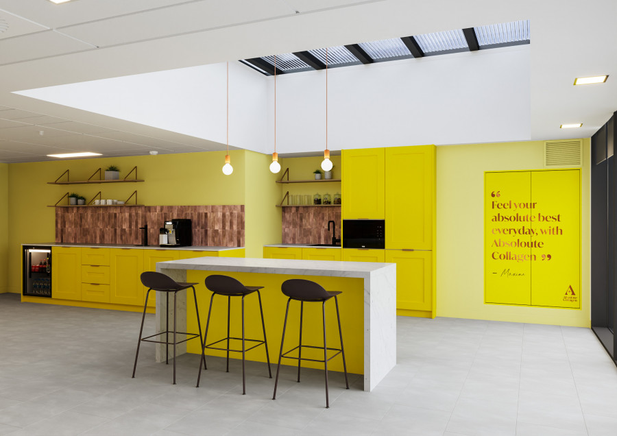 Workplace interior visualization of breakout kitchen with bar seating, wood textures, and open-plan layout supporting informal interaction.