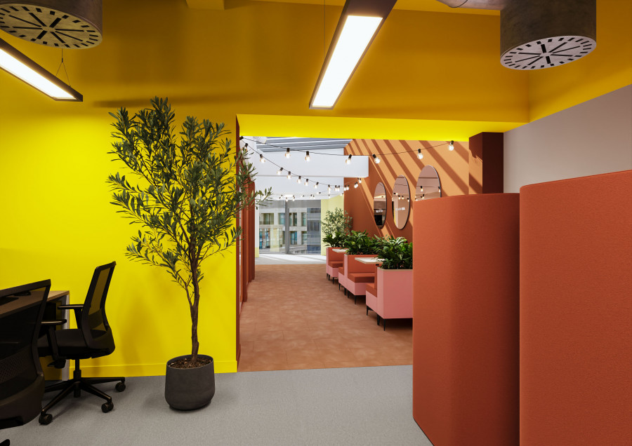 Architectural visualization of office corridor with bold colour blocking, planting, and transition into lounge seating area.