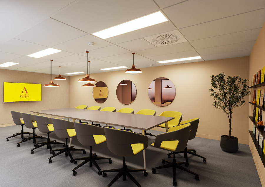 3D visualization of contemporary conference room with long table, pendant lighting, and warm material palette for professional meetings.