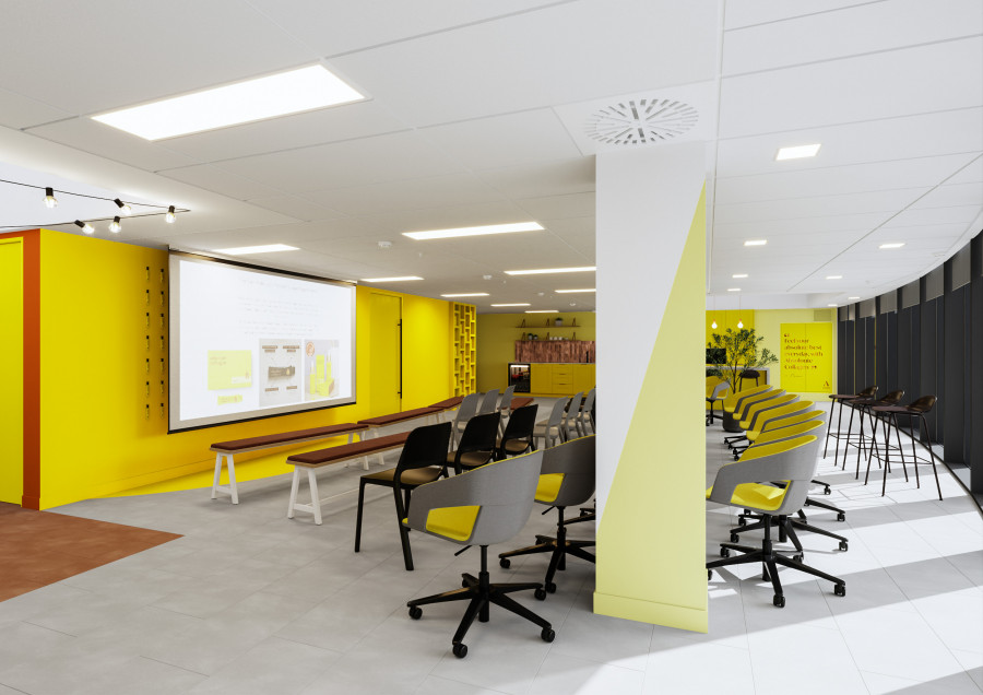 Interior design 3D render of training and presentation area with tiered seating and integrated screen, designed for collaborative office environments.