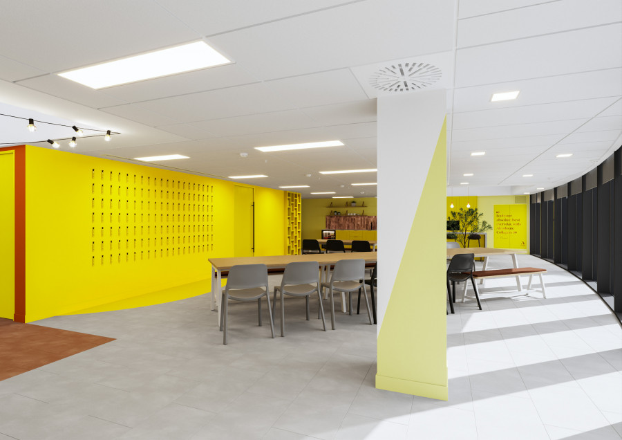 3D office render of flexible workspace with shared tables and bright accent walls, highlighting adaptable design for team collaboration.