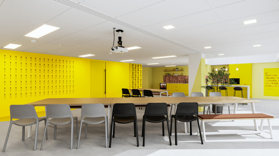 Interior CGI of large meeting and workshop space with modular tables, projection setup, and open layout for team sessions.