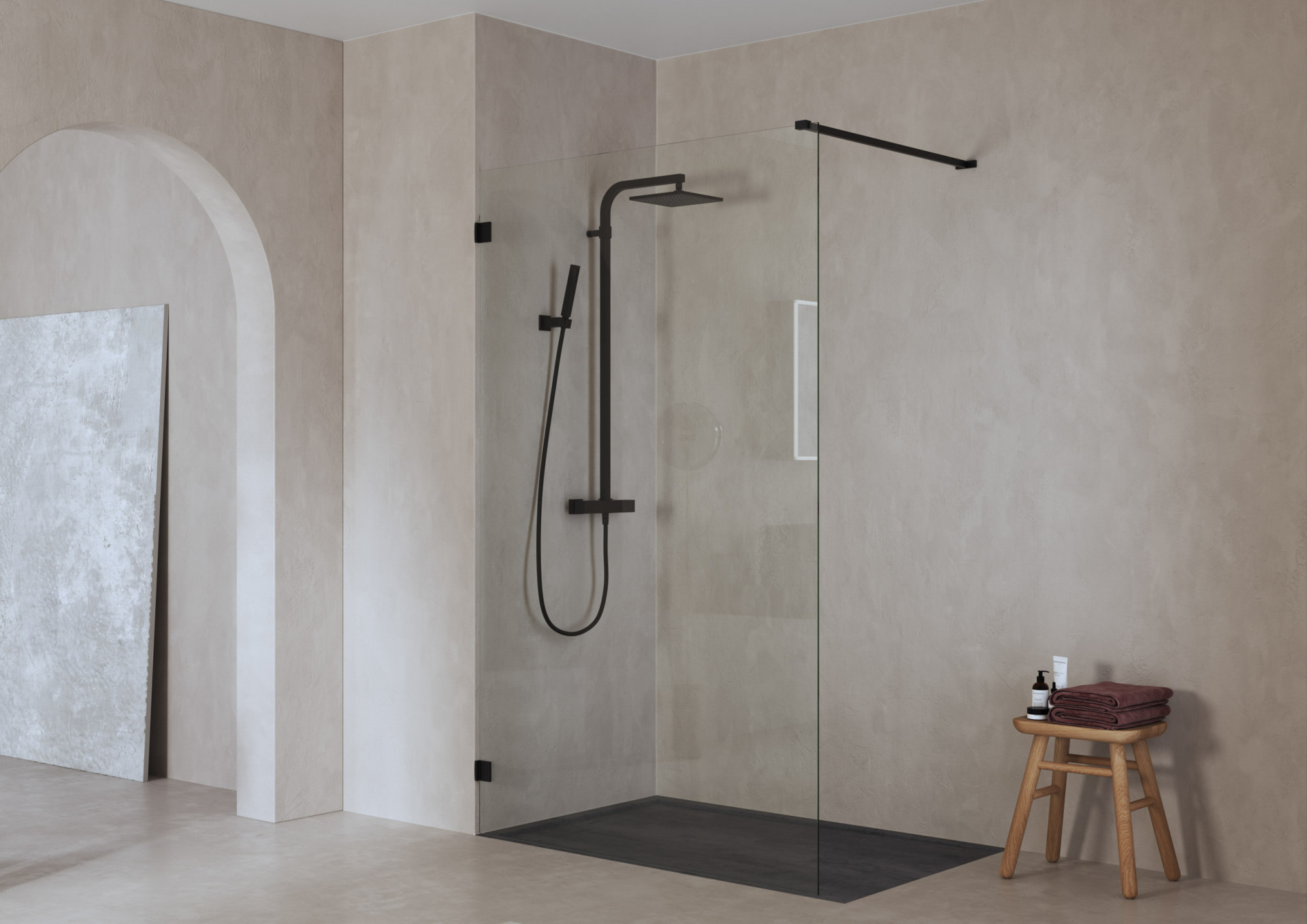 Walk-in shower CGI visualization with minimalist bathroom architecture, natural textures and realistic architectural rendering for luxury interiors