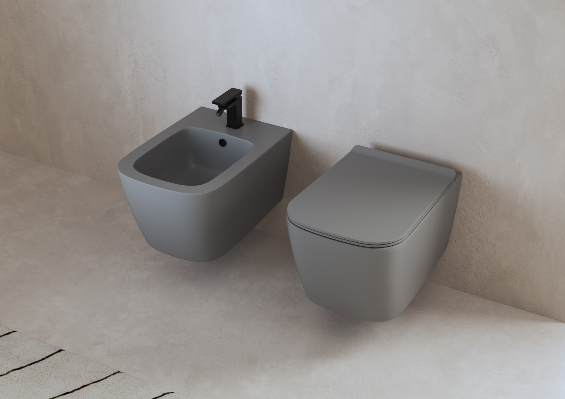 Modern bidet and toilet CGI visualization with minimalist bathroom styling and realistic sanitaryware rendering for residential design projects